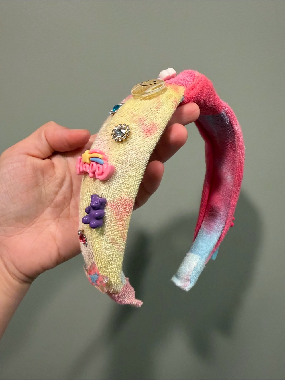 Bari Lynn Tie Dye Terry Cloth Padded Headband Embellished Charms Y2K Kidcore